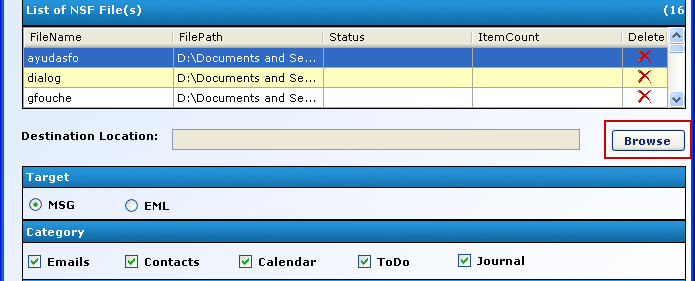 Browse for MSG/EML Destination