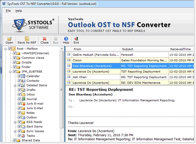 Outlook OST to NSF Converter screenshot