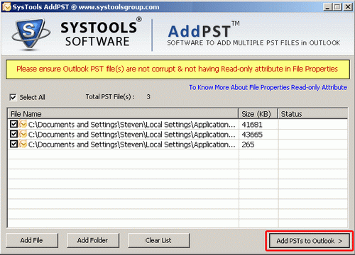 ADD PST to Outlook 2010 screenshot