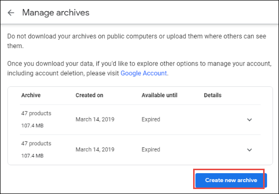 choose create new archive option