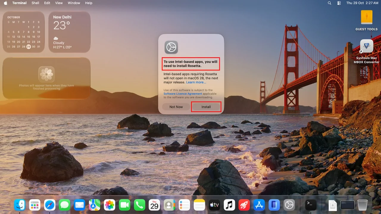 macOS prompt asking to install Rosetta with the Install button highlighted