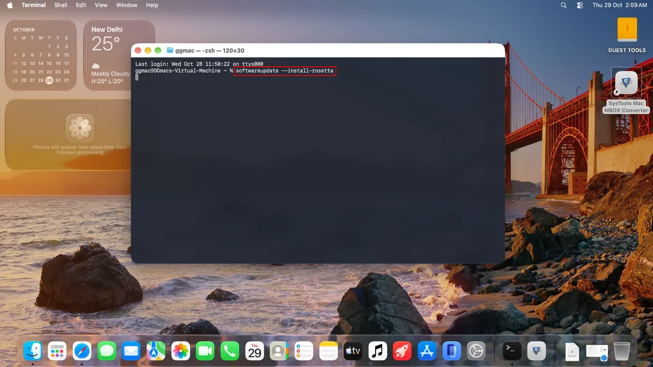 Terminal window with the softwareupdate --install-rosetta command highlighted