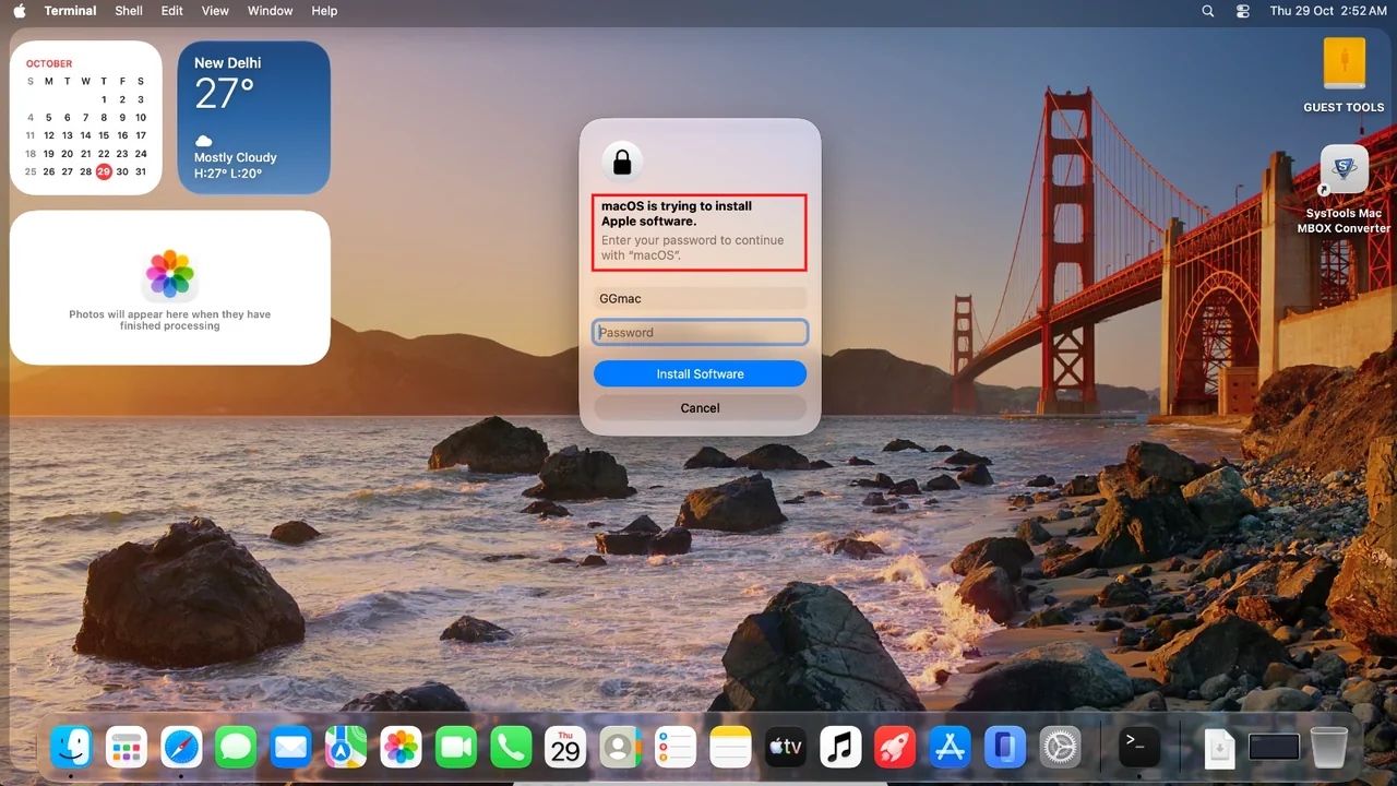 macOS prompt asking for the user password to install Apple software
