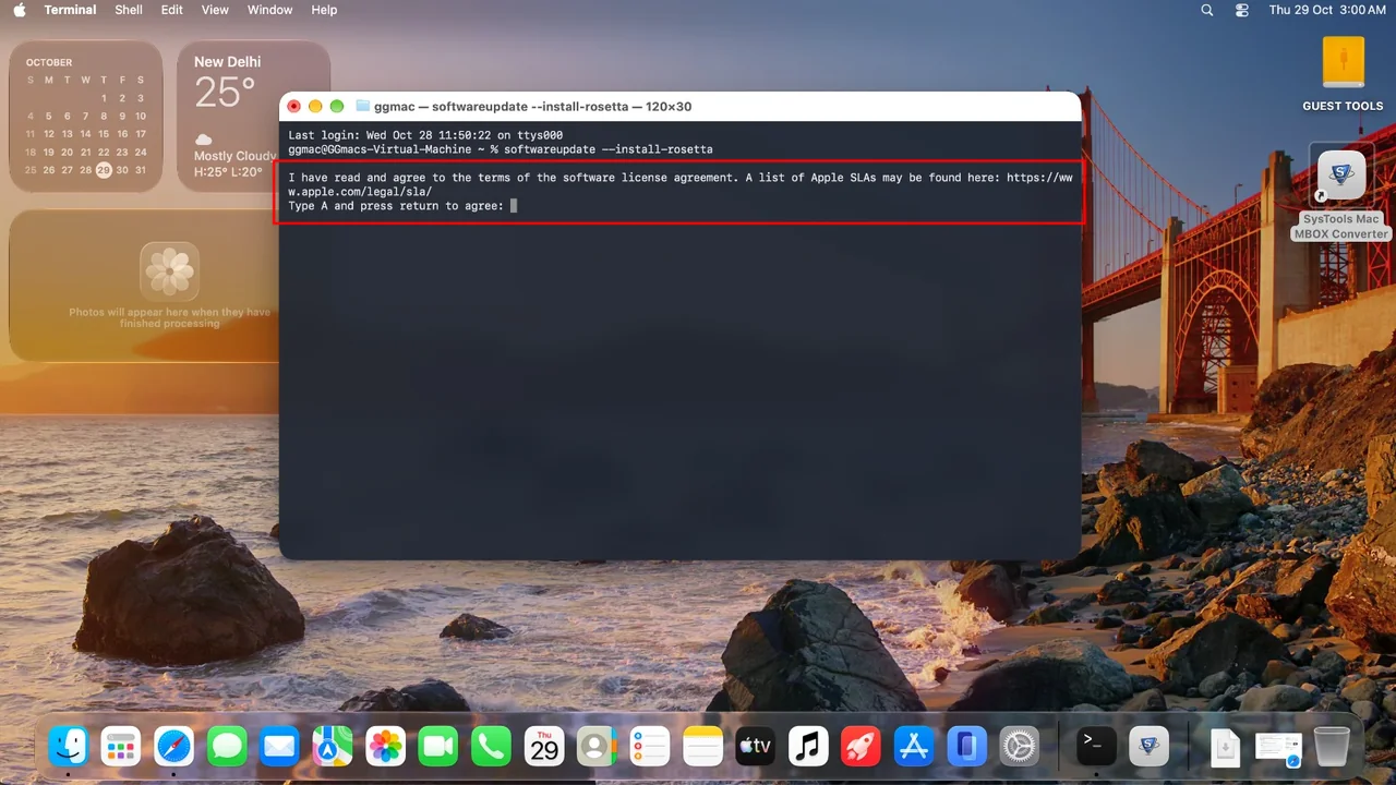 Terminal asking to type A and press return to agree to the license