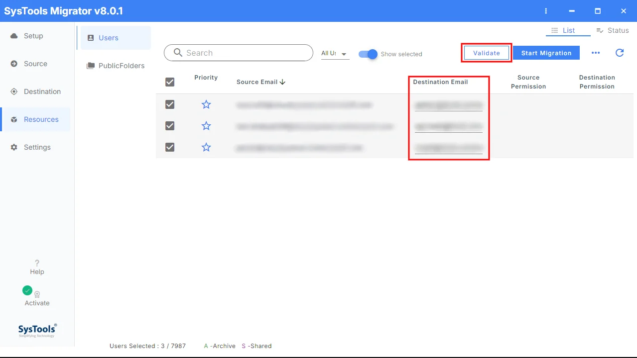 enter destination emails