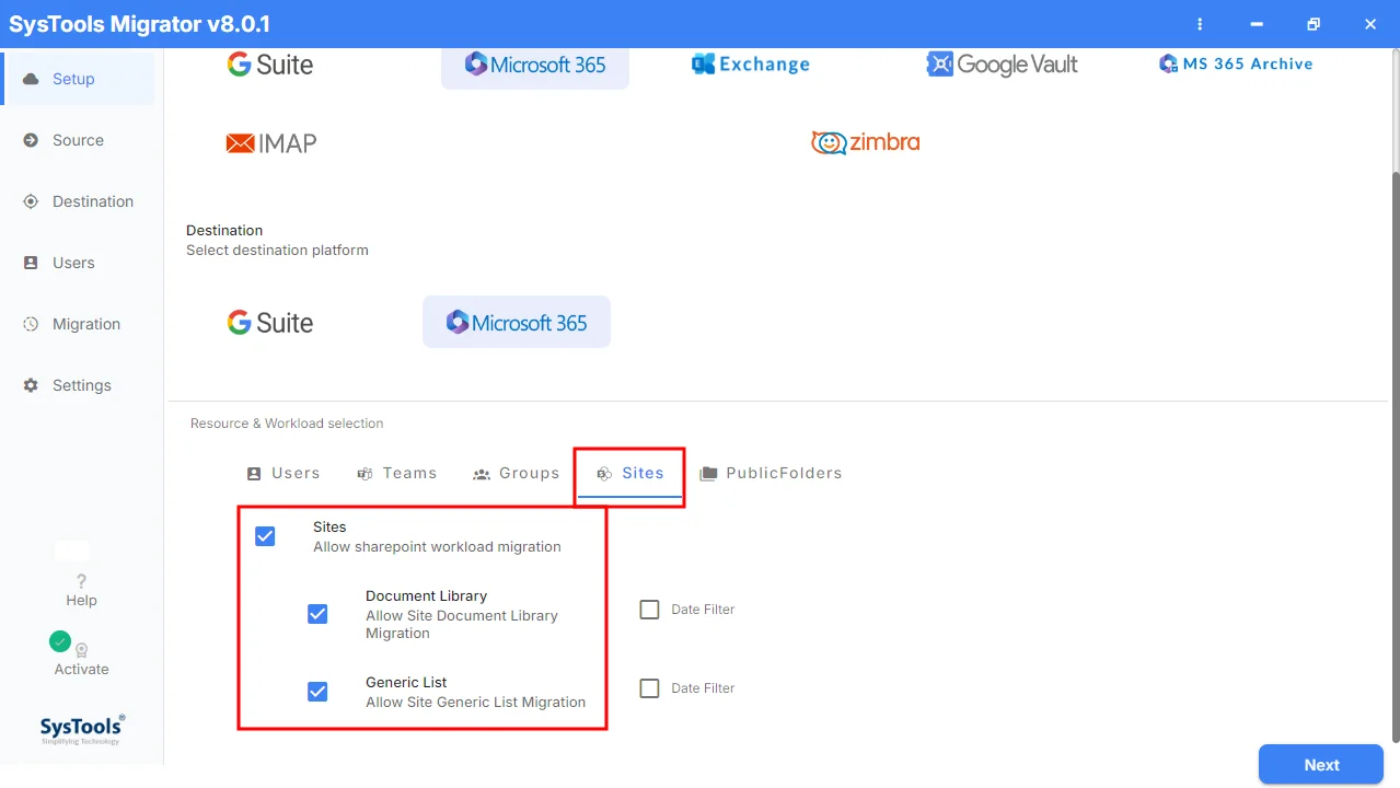 select site workloads