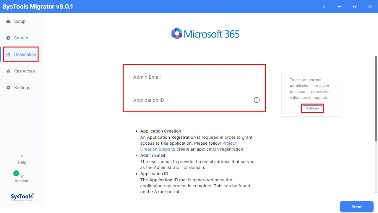 enter destination credentials