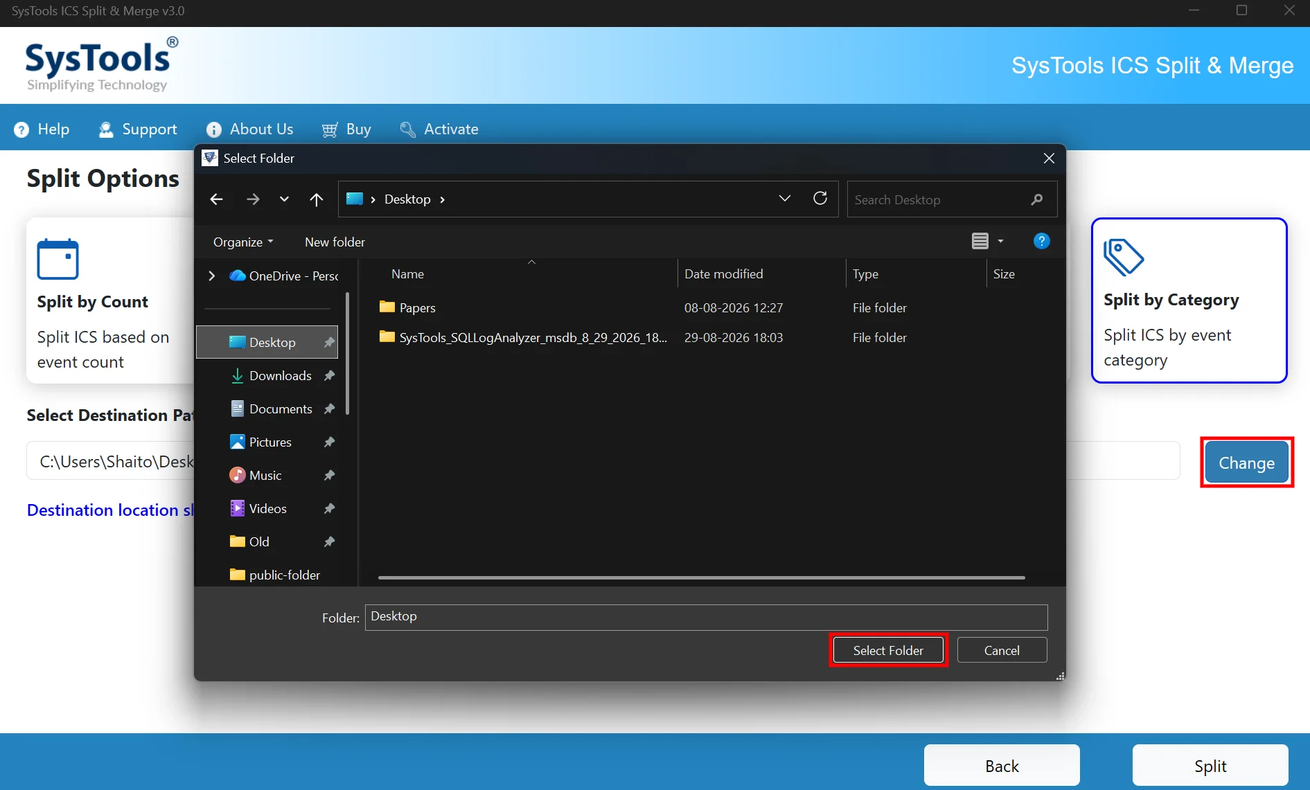 browse for output destination