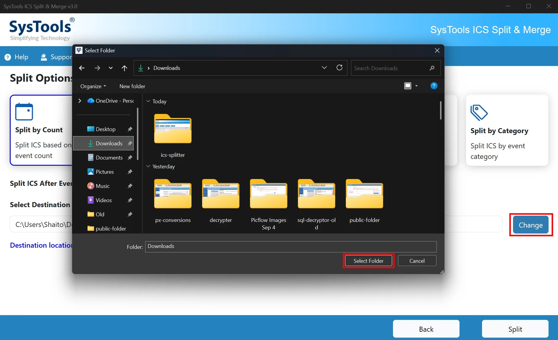 browse for output destination