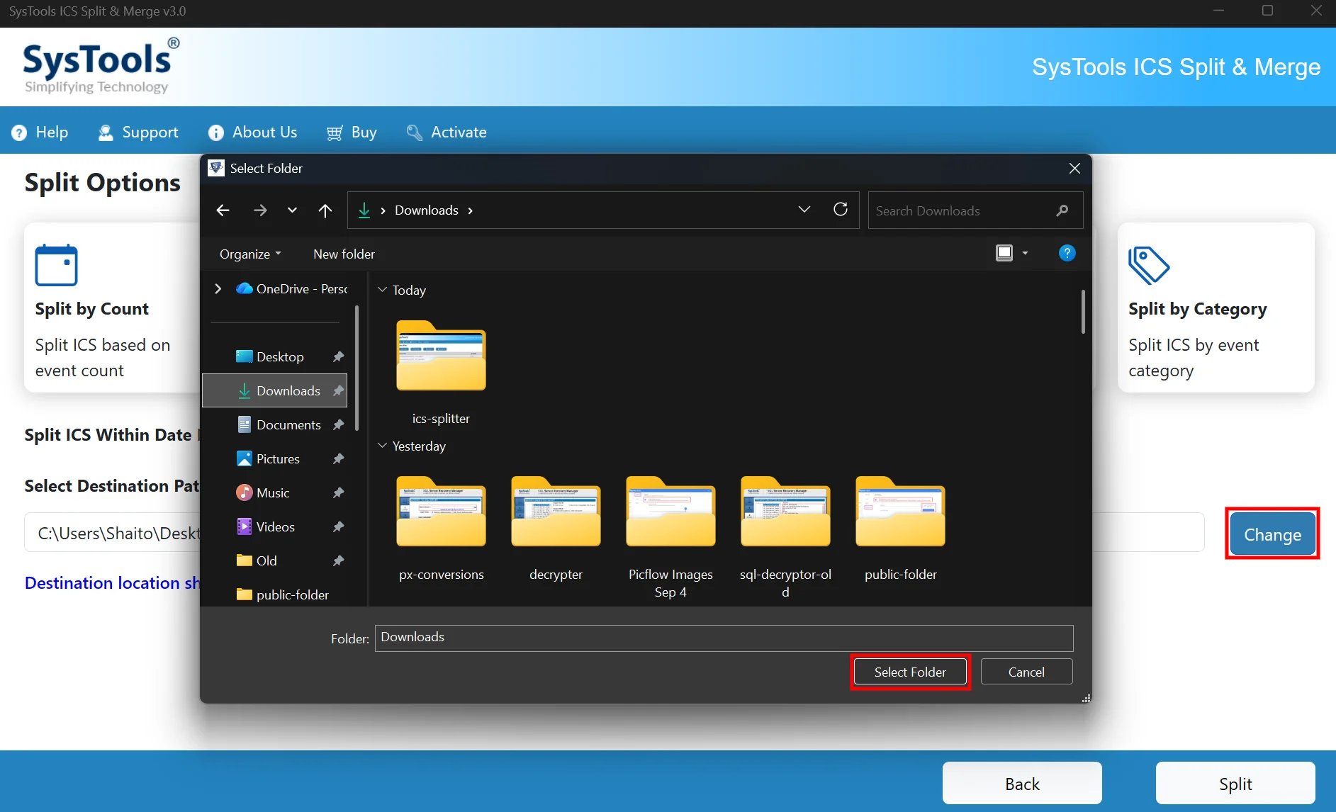 browse for output destination