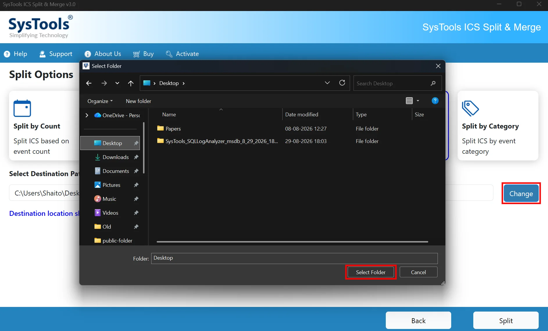 browse for output destination