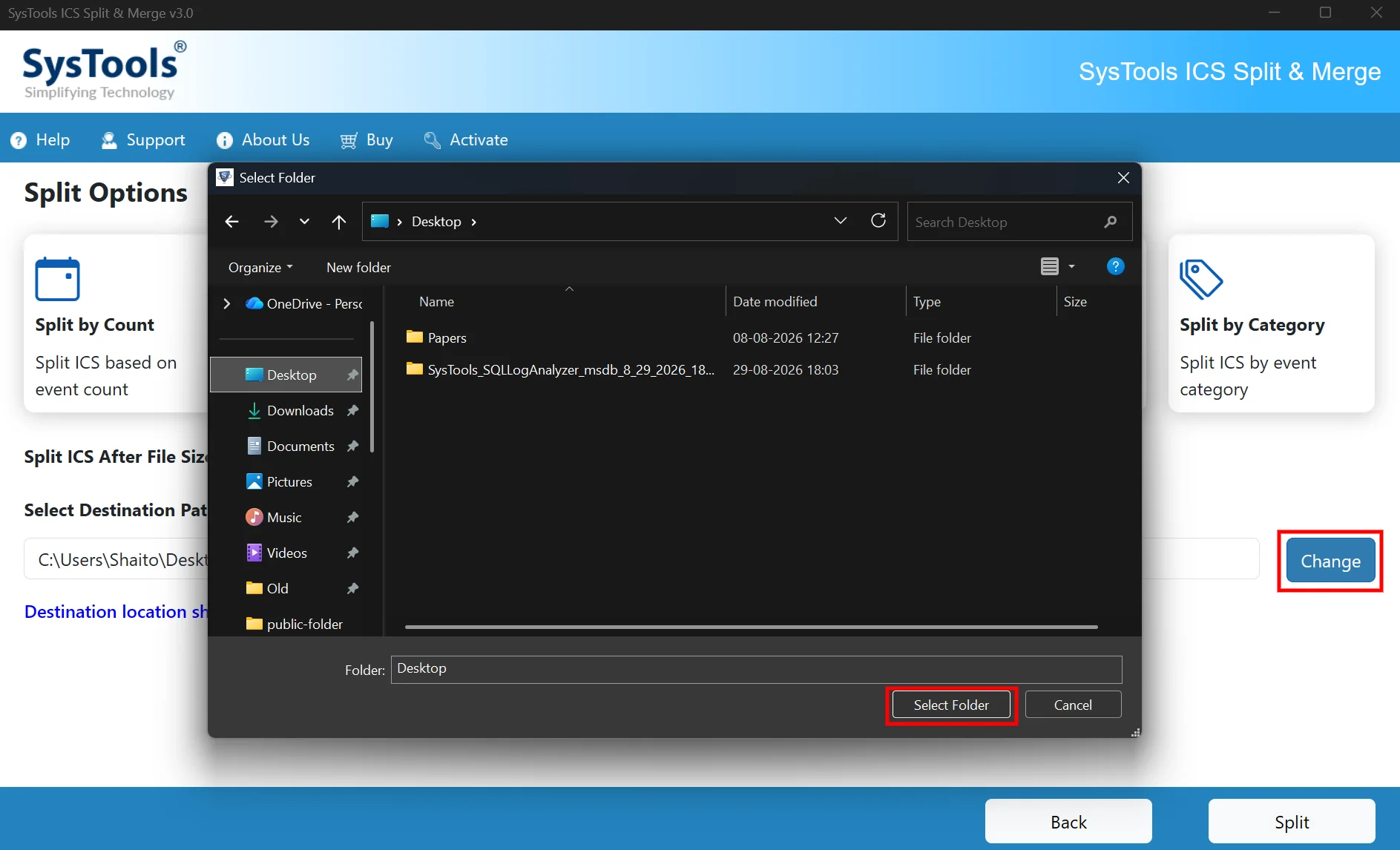 browse for output destination