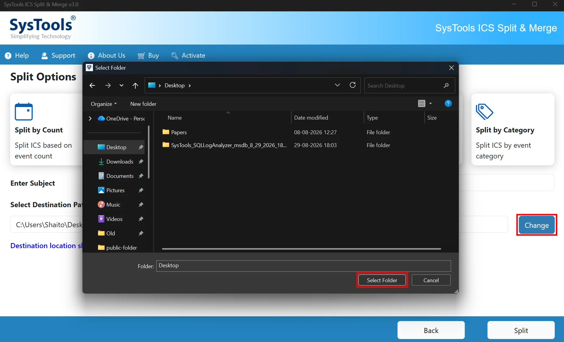 browse for output destination