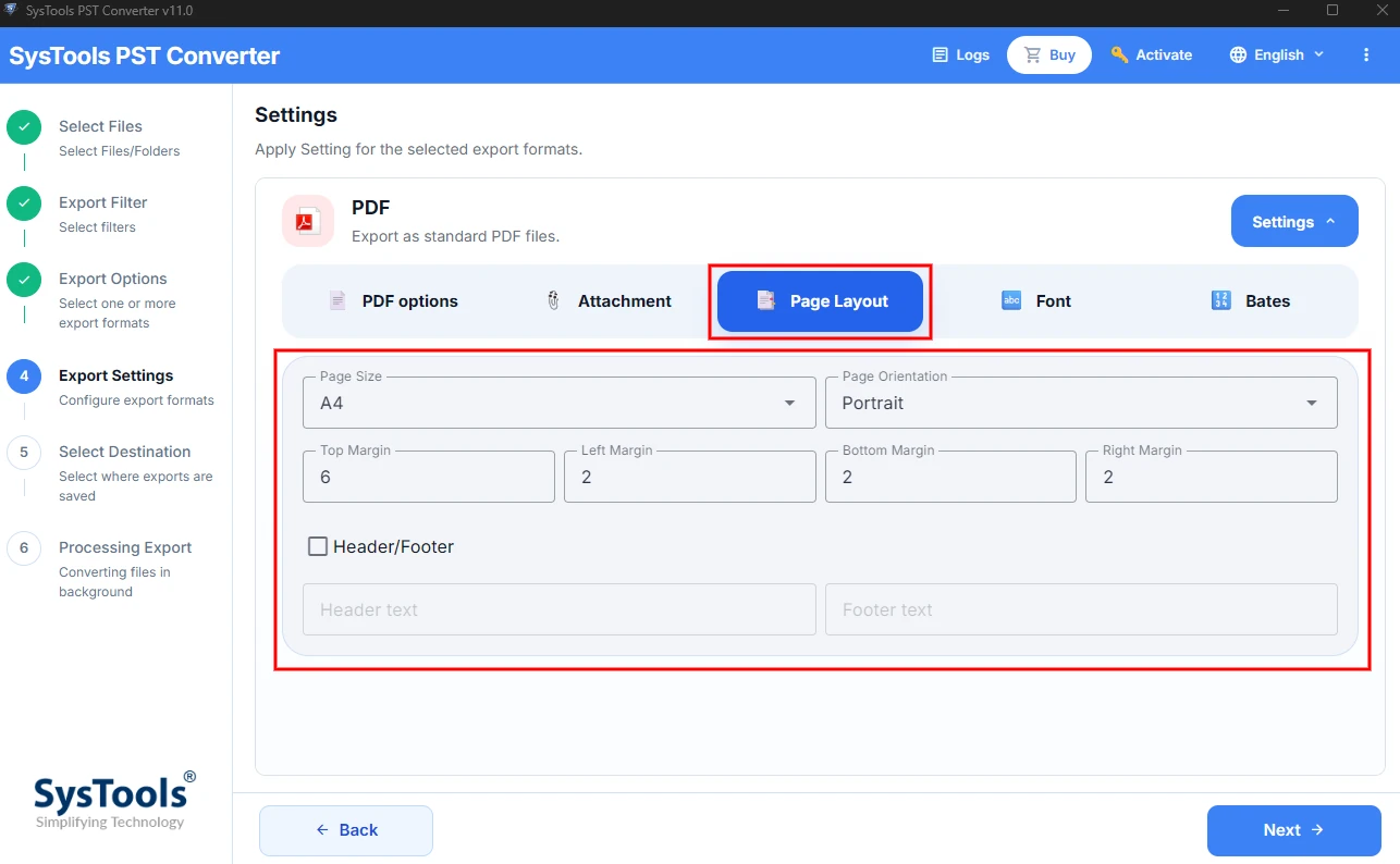 PST to PDF Advanced Settings