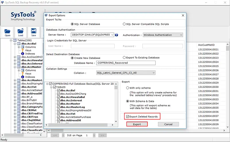 click export to restore bak file in sql server database